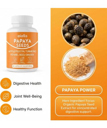 Elava Papaya Seed Capsules Papaya Seeds Organic Digestive Herbal Blend with Turmeric Ginger Peppermint & Fennel Non-GMO Gluten & Lactose Free 60 Capsules 1 - Buy Online on GoSupps.com