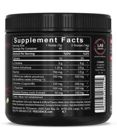 PEScience Prolific Energy Pre Workout L Citrulline for Nitric Oxide Rhodiola & CDP Choline Nootropic for Focus Preworkout for Men & Women 40 Scoops Sour Green Apple - Buy Online on GoSupps.com