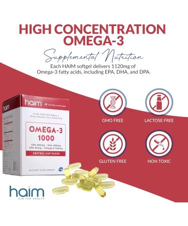 HAIM Omega-3 1000 Fish Oil Softgels 1120mg Omega-3 with EPA DHA Fatty Acids Burpless, Odorless, No Fishy Smell Triple Strength Concentrated Supplement Nutritional Softgels 60 Count - Buy Online on GoSupps.com