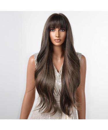 Allbell Long Brown Wavy Wig with Bangs - Natural Synthetic Hair Blend for Women | Brown & Blonde - Buy Online on GoSupps.com