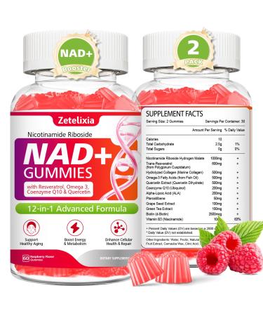 NAD Gummies, 12-in-1 NAD Supplements for Women & Men, NAD+ with Nicotinamide Riboside, Resveratrol, Quercetin for Anti-Aging, Cell Regeneration, DNA Repair, Raspberry Flavor, 120Ct 60 Count (Pack of 2)