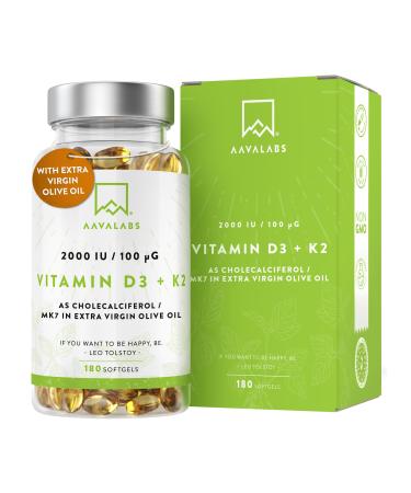 Vitamin D3 K2 high dose with native olive oil - Vitamin D high dose 2000 IE + vitamin K2 MK7 100 g - sun vitamins vitamin D K2 GMO gluten- and lactose -free 180 vitamin D3 K2 capsules high