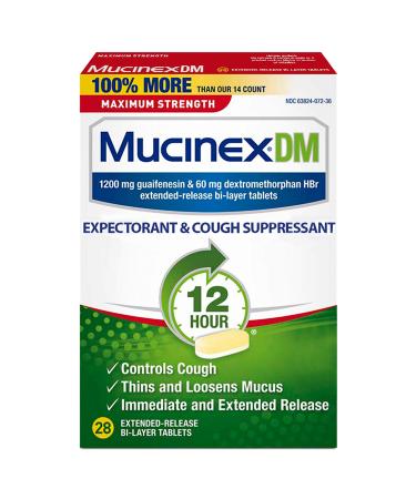 Cough Suppressant and Expectorant, Mucinex DM Maximum Strength 12 Hour Tablets, 28ct, 1200 mg Guaifenesin, Relieves Chest Congestion, Quiets Wet and Dry Cough, #1 Doctor Recommended OTC expectorant Expectorant and Cough Su