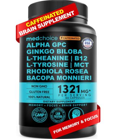 12-in-1 Nootropic Brain Supplement with Caffeine Anhydrous: Ginkgo Biloba for Brain Support, Memory and Focus - B12, Alpha GPC, L Theanine and Choline Supplements with Bioperine with 1321mg (60ct) 60 Count (Pack of 1)