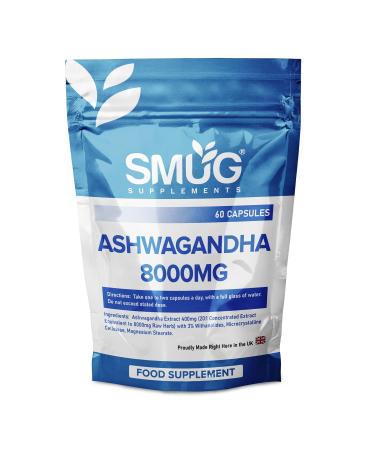 SMUG Supplements Ashwagandha Capsules - 60 High Strength Pills - Powerful Extract Equivalent to 8000mg Raw Herb - Helps Support Relaxation and General Well-Being - Made in Britain