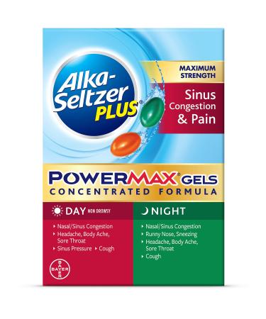 ALKA-SELTZER PLUS Maximum Strength PowerMax Sinus Congestion and Pain Medicine, Day + Night Liquid Gels for Adults with Pain Reliever, Fever Reducer, Cough Suppressant, Nasal Decongestant, 24 Count