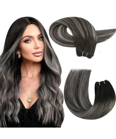 Moresoo Human Hair Weft Hair Extensions Balayage Double Weft Human Hair Extensions Black and Silver Sew in Hair Extensions 24 Inch 100g #1B/Silver/1B 24 Inch(Pack of 1) WEFT #1B/Silver