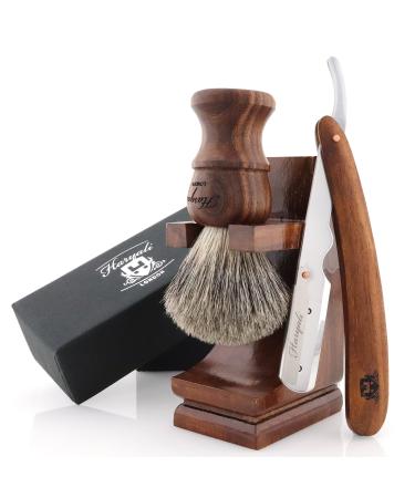 Haryali London Men's Wooden Shaving Set with Straight Razor Black Badger Hair and Wooden Stand