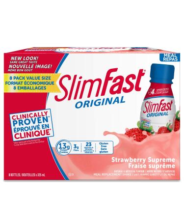 Slim Fast Original Meal Replacement or Weight Loss Ready to Drink Shakes with 13g of Protein 3g of Fibre Plus 23 Vitamins and Minerals Gluten Free Strawberry Supreme 8 Bottles x 325ml