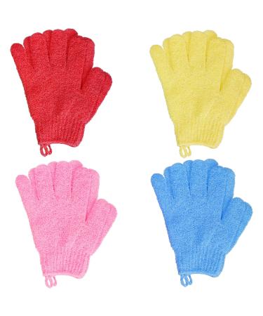 4 Pairs Bath Exfoliating Gloves Scrub  Double Sided Bath Mitts Scrubs for Shower  Exfoliating Body Shower Mitt Scrubber Glove  Bathing Accessories for Bath  Spa  Massage(Yellow  Red  Pink  Light Blue) Multicolor A