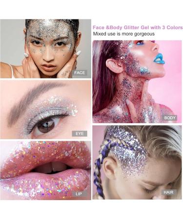Buy Body Glitter Gel Kit - 3 Bottles of Mermaid Sequins Chunky Glitter for Long-Lasting Festival Makeup - White Silver Pink - Buy Online on GoSupps.com