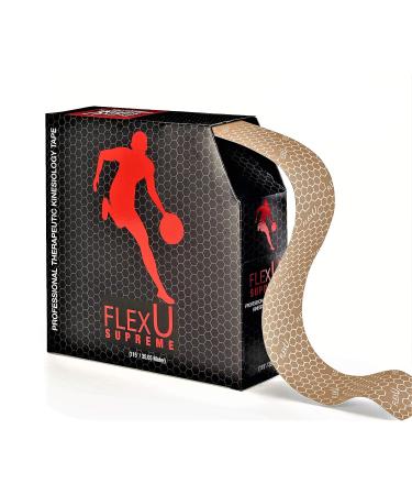 FlexU Kinesiology Tape 140 Pre-Cut Strips or Continuous Roll Ultra-Thin Hypoallergenic Latex-Free Designed as Sports Therapy Support for Muscles & Joints Knee Shoulder & Back Support Long Lasting Beige Pre-Cut