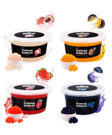 Premium Popping Boba Pearls Boba Popping Pearls with Real Fruit Juice Bursting Boba Popping Tapioca Pearls Boba Tea Kit for Kids Strawberry Lychee Jelly Passion Fruit Blueberry (4 Flavors x 17oz) 4 FLAVORS KIT 17 Oz (Pack of 4)
