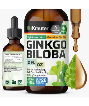 BIO KRAUTER Ginkgo Biloba for Brain Support - Pure Vegan Ginkgo Biloba Supplement 670 mg - Supports Calm Focus & Memory - Alcohol & Sugar Free 2 Fl.Oz 28-Day Supply Liquid Drops for Brain Health 2 Fl Oz (Pack of 1)