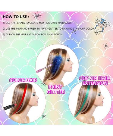Jim&Gloria Dustless Hair Chalk Set for Girls with Clip-on Colored Hair, Mermaid Brushes, Glitters - Temporary Hair Dye Kit for Kids & Teens | Unique Trendy Gifts for Teenage Girls - Set of 17 - Buy Online on GoSupps.com