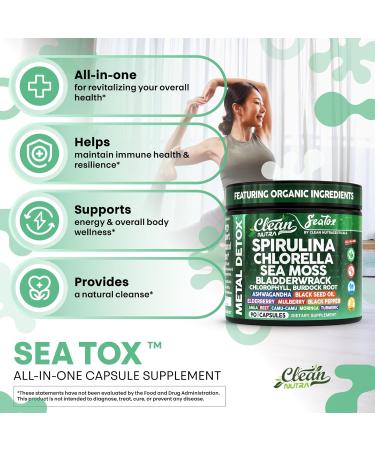 Sea Tox Organic Spirulina and Chlorella Capsules Natural Cleansing & Nourishment Sea Moss Bladderwrack Chlorophyll Burdock Root Ashwagandha Turmeric 90 Vegan Black Seed Oil Capsules by Clean Nutra - Buy Online on GoSupps.com