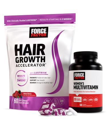 Force Factor Hair Growth Accelerator Soft Chews Lustriva & Biotin to Promote Thicker Stronger Fuller Hair Hair Growth Vitamins for Women Clinically Studied + Women's Multivitamin with Iron 60ct