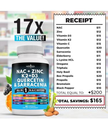 NEW AGE NAC Supplement N-Acetyl Cysteine- with Vitamin D3 K2 Zinc Quercetin Triphala Sarracenia Purpurea Elderberry Holy Basil Bee Propolis Bromelain L-Lysine - 120 Count 60 Count (Pack of 2) - Buy Online on GoSupps.com