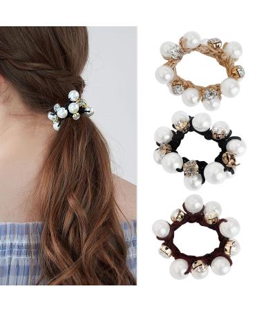 KKNEKKI Hair Scrunchie Beads - Elastic Headband with Faux Pearls and Crystals for Girls - 3 Colours: Black Brown Beige