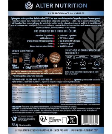 ALTER NUTRITION - Lactose Free Organic Native Protein - Cocoa - Mass Gain - Low Fat - No Added Sugars - 100% Milk from France -76% Protein - Bag of 700g - Buy Online on GoSupps.com