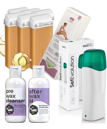 Cosmetex Wax Warmer Argan Waxing Set for hair removal 6x waxing boxes kit roll on i 1x waxing device fleece strips skin cleaner after wax oil each 150ml