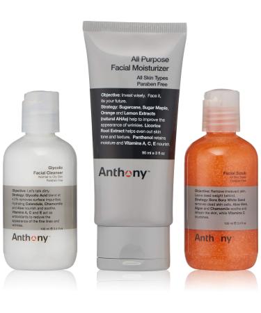 Anthony Face It & Go Kit Set Includes Glycolic Facial Cleanser 3.4 Fl Oz. All Purpose Facial Moisturizer 3 Fl Oz. Facial Scrub 3.4 Fl Oz.