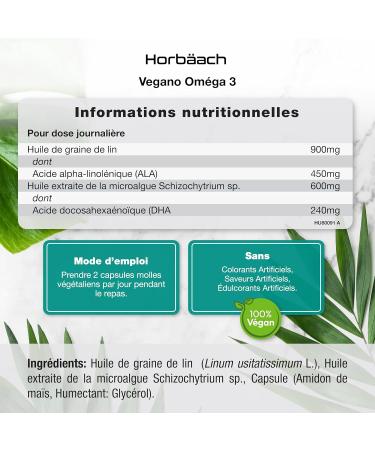 Omega 3 Vegan 1500mg | Algae Oil Derivative | Source of DHA & ALA | 60 Vegan Capsules | by Horbaach - Buy Online on GoSupps.com