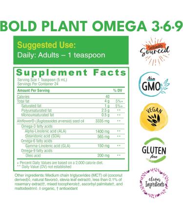 Bold Botanica Plant Vegan Omega 3-6-9 with Ahiflower Oil Omega 3 Liquid Supplement for Women & Men Plant-Based Omegas for Brain & Immune Health Better Than Flax Fish Free Sugar-Free 4 fl oz - Buy Online on GoSupps.com
