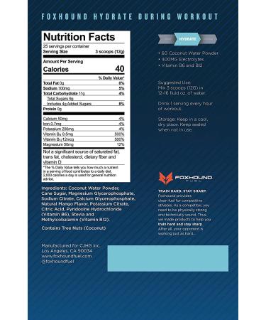 Foxhound Fuel Training Hydration Drink | Hydrate | Coconut Water | Vitamins B6 & B12 | Electrolytes | 25 Servings 2. Hydrate - Training Hydration | Coconut Mango - Buy Online on GoSupps.com