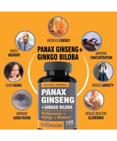 Korean Red Panax Ginseng + Ginkgo Biloba Capsules - 120 Vegan Energy Pills with 1000mg Ginseng Root Extract Powder and 60mg Ginkgo Biloba for Men and Women by NooMost - Buy Online on GoSupps.com