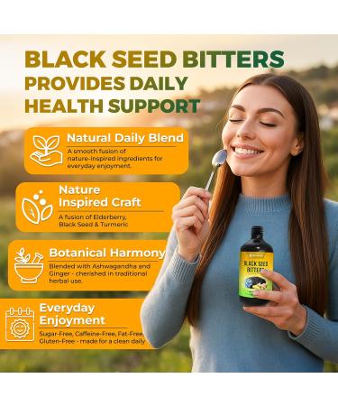 Black Seed Oil Bitters Liquid - Premium Herbal Blend with Black Seed Extract, Curcumin (Turmeric Extract), Ashwagandha, Elderberry, Probiotics, Vitamin C, Zinc...16 fl oz | Natural Botanical Blend Black Seed Bitters 16 Fl O  - Buy Online on GoSupps.com