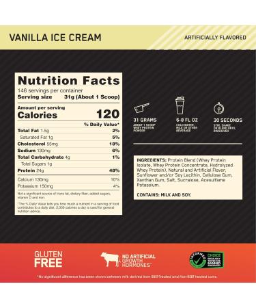 Optimum Nutrition Gold Standard 100% Whey Protein Powder - Vanilla Ice Cream 4.53kg (151 Servings) - Buy Online on GoSupps.com