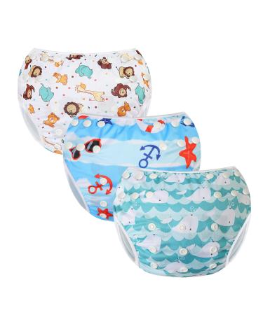 MIXIDON Reusable Swim Nappy Baby Swimming Nappies Adjustable Size Washable Nappy for Swimming Lesson 0-3 Years Zoo+Whale+Beach