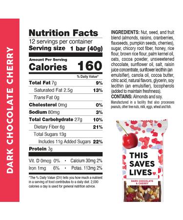 This Saves Lives Dark Chocolate Cherry Snack Bars - 12 Count, Healthy, Gluten Free, Non-GMO, Kosher - Buy Online on GoSupps.com