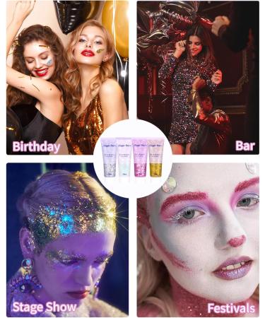 Shop Tidevan 4 Piece Body Glitter Gel 50ml Chunky Liquid Makeup for Face Hair Lips & Nails Perfect for Festivals & Parties in Silver Gold Pink & White - Buy Online on GoSupps.com