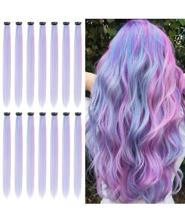 14 Pcs Colored Clip in Hair Extensions 22 Inch Colorful Highlights Hairpieces Straight & Long Heat-Resistant Synthetic Hair for Kid Girls Women Party Hair Decor (14Pcs-Pink/Blue/White/Purple)