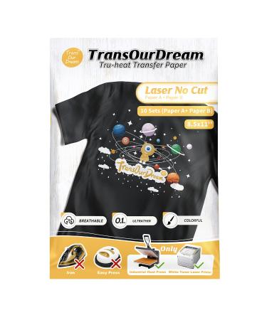 TransOurDream Laser No-Cut Dark Heat Transfer Paper for T Shirts (A+B  8.5x11  10 Sets) Self-Weeding Iron on Transfer Paper for Laser Printer with White Toner