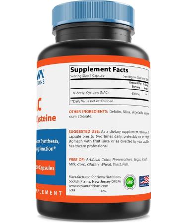 Nova Nutritions N-Acetyl L-Cysteine (NAC) 600mg - 250 Capsules | Non-GMO & Gluten Free - Buy Online on GoSupps.com