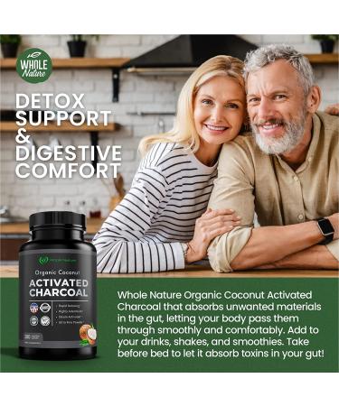 Organic Coconut Activated Charcoal Capsules - 180 Pills for Detox, Teeth Whitening, Constipation, Bloating, Gas, and Heartburn Relief - Vegan & Pure Coconut Supplement - Buy Online on GoSupps.com