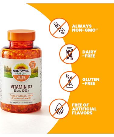Sundown Naturals Vitamin D3 25 mcg (1000 IU) - 400 Softgels | Immune Support & Bone Health - Buy Online on GoSupps.com