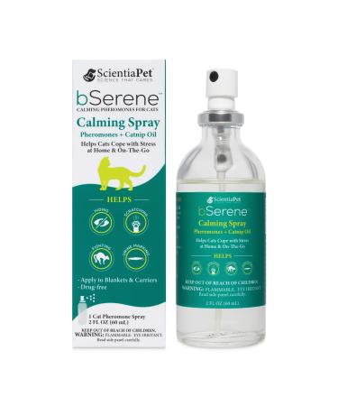 bSerene Pheromone + Catnip Calming Solution for Cats 60ml Spray Works Fast to Help Reduce Hiding, Scratching, Fighting, Marking, Stress, Anxiety at-Home or Travel Vet, Thunder, Fireworks (440223)