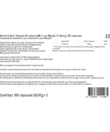 Doctor's Best Natural Vitamin K2 MK-7 45mcg 180 Vegan Capsules | Lab Tested | Gluten Free | SOYA Free | Vegetarian - Buy Online on GoSupps.com