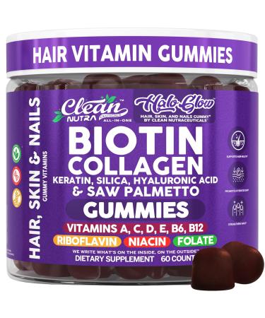 Clean Nutra Biotin Gummies | Collagen Hyaluronic Acid Keratin Hair Vitamins Supplement - Hair Growth Support Skin & Nails - Vitamins C D E B6 & B12 - US Made for Women & Men | 60 Gummy Count