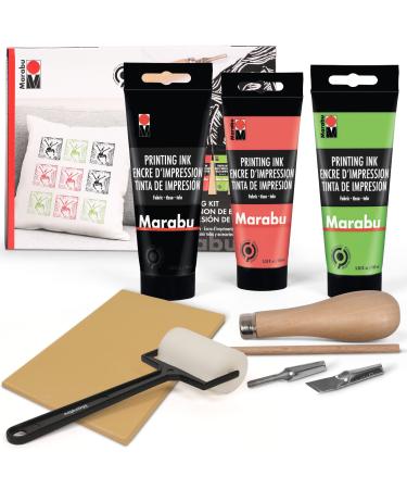 Marabu Block Printing Kit - Linocut Kit with 3 x 100ml Block Printing Ink, Cutter, Rubber Block, and Block Printing Brayer Roller - Linoleum Printmaking Kit, Block Printing Starter Kit - 6pc Set