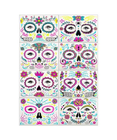 Beisto 8 Set Fluorescent Face Tattoo Stickers - Glow UV Neon Temporary Tattoos for Women - Halloween Christmas Festival Party Props - Buy Online on GoSupps.com