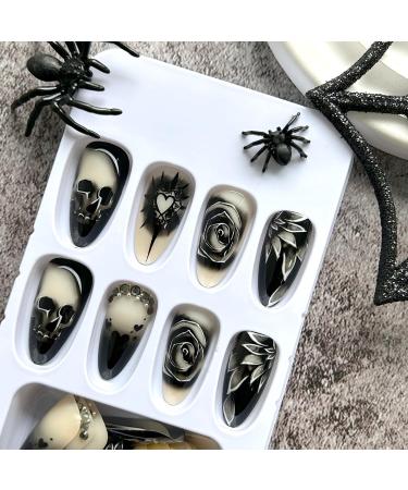 Stiletto Press on Nails - Goth Skull & Black Rose Fake Nails | 24Pcs Halloween Acrylic Nails with Rhinestones - Perfect for Women & Girls - Buy Online on GoSupps.com