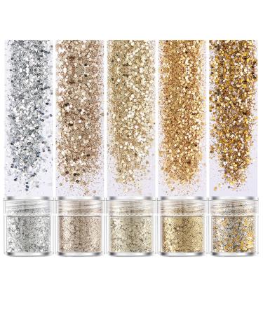 Glitter 5 Boxes/Set Holographic Chunky Glitter Nail Glitter Sequins Flakes Nails Powder for Body Face Hair Eyes Cosmetic Resin DIY Crafts Festival Christmas E Gold Silver