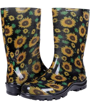 Asgard Women's Mid Calf Rain Boots - Sunflowers Black | Waterproof Rubber Garden Shoes - Buy Online on GoSupps.com