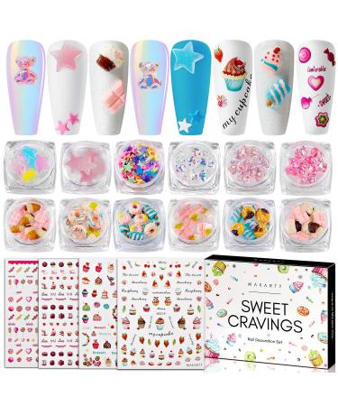 Makartt Nail Decoration Set, Sweet Cravings Nail Art Accessories with Nail Stickers Nail Glitters Nail Decals Nail 3D Decorations Nails Art Design for Girl DIY Nail