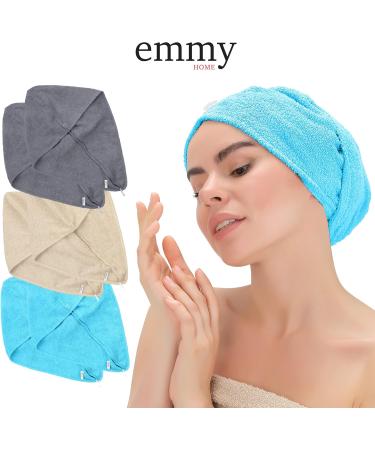 Emmy Home Hair Turban Set - 100% Cotton Quick-Drying Towel for Long Hair - 2 Piece Blue Turban with Button - Buy Online on GoSupps.com